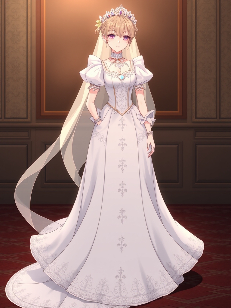 لباس عروس بلند ،پفی ،دنباله داره ،سنگ دوزی شده،با یقه هفتی  
با دست کش های بلند مرواریدی ،وتور سر مرواریدی ،وتاج گرد پرنسسی4