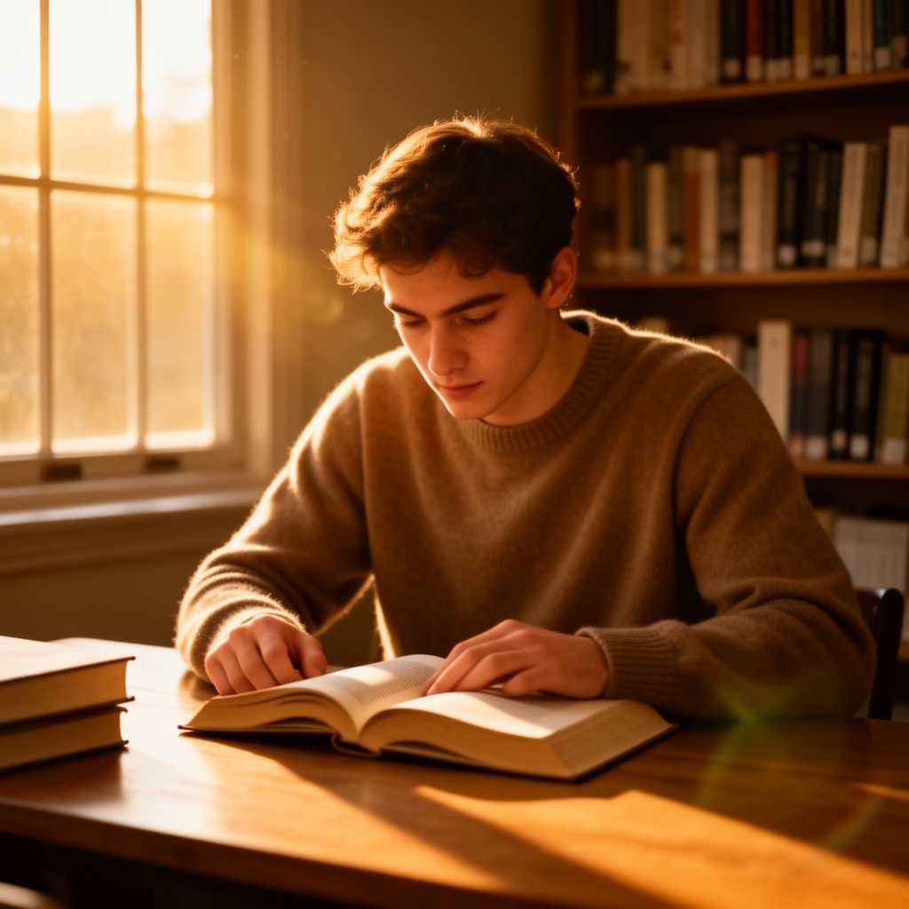 یک پسر جوان و خوش چهره که در حال درس خواندن است5