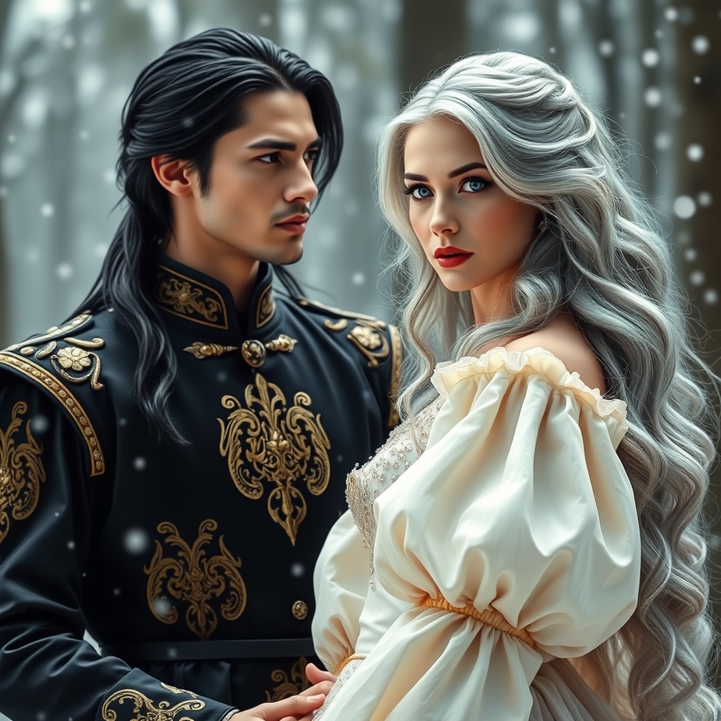 زیباترین مرد جوان در جهان حتی در رویایی که با موهای مشکی بلند باشد و با چشمانی قرمز رنگ که لباس سلطنتی مشکی رنگی که طرح سیمرغ طلایی رنگی بر روی شکاکی شده باشد بر تن داشته باشد که در حال نگاه کردن به زیباترین زن جوان در جهان حتی در رویایی که شکوه خدا را دارد که با چشمان آبی رنگ که در مردمکش دریا باشد که با موهای نقرهای رنگ بلند حالت دار باشد که با لبانی سرخ و با گونههایی سرخ باشد و با پوستی سفید که لباس سلطنتی آستین پفی پفی کرمی زیبایی بر تن داشته باشد که پشت سرش جنگلی باشد و برف هم در حال 23