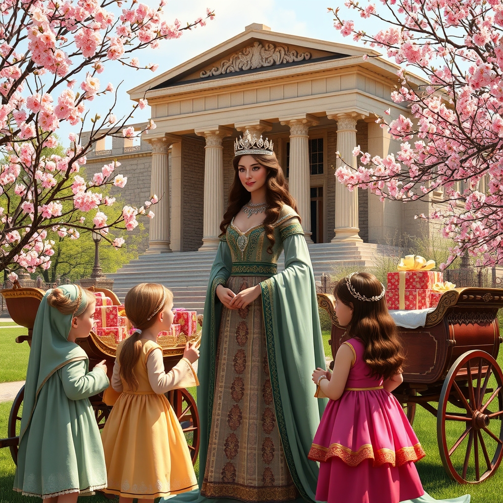 در روز اول عید نوروز ملکه کاساندان بسیار زیبا با موهای قهوهای و تاجی از الماس و لباسی باشکوه مناسب یک ملکه به همراه دو زن زیبا با لباس سلطنتی و نیم تاج در بیرون قصر پارسه زیر سایه رختان پر شکوفه ی گیلاس و سیب،کنار یک درشکه پر از هدیه برای دختر بچه های زیبا با موهای قشنگ و پسر بچه های ناز،همه با لباس های زندگی و نو، ایستاده اند تا ملکه به انها هدیه و عیدی بدهد، بهار است و همه جا زیبا و سرسبز،تصویر برای زمان باستان باشه2