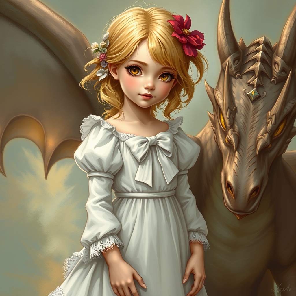 یک دختر بسیار زیبا با کمان لباس سفید یک اژدها هم کنارشه18