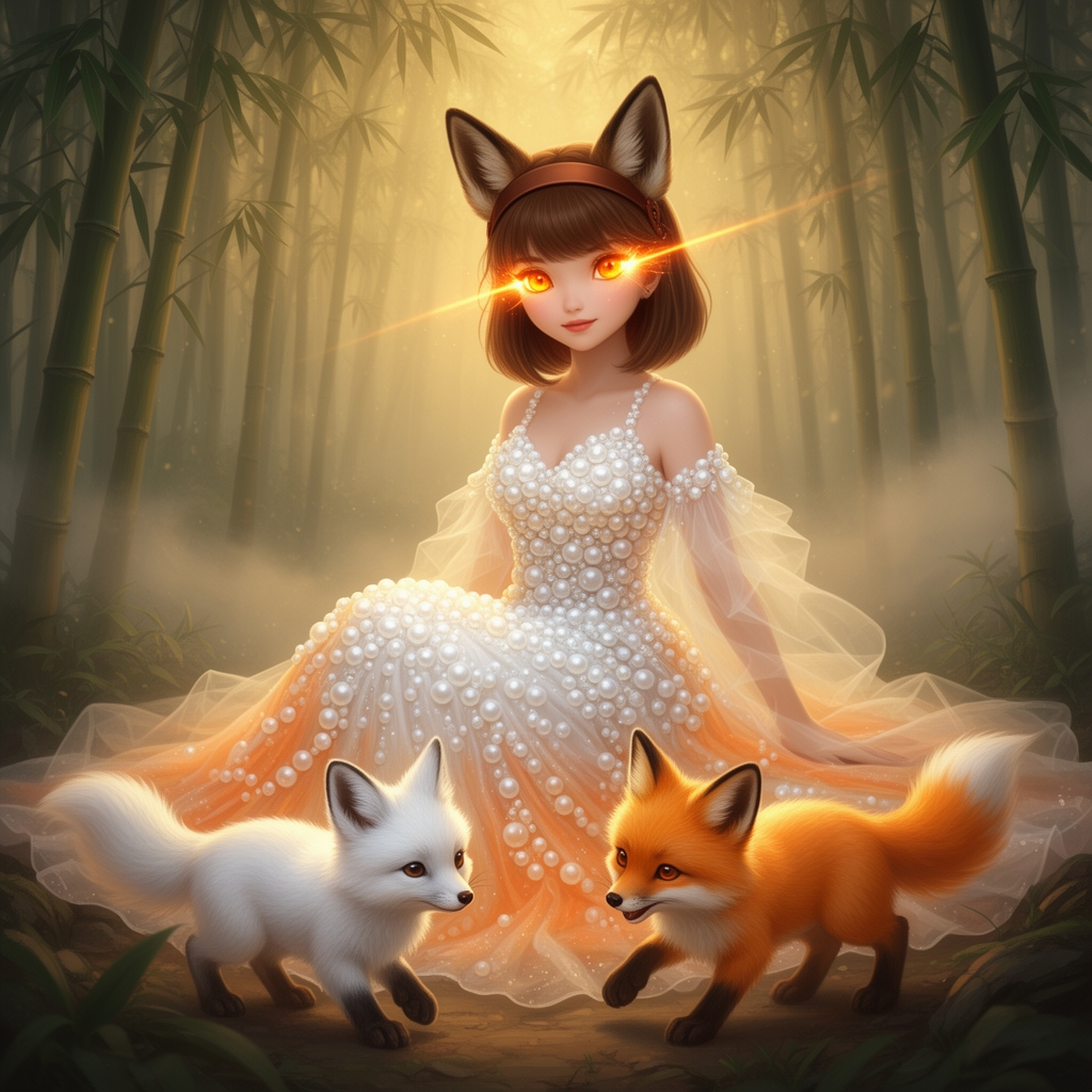 یک دختر نیمه روباه ونیمه انسان با موی بند قهوهای و لباس مرواریدی زیبا و درخشان سفید نارنجی و توری و با چشم هاینارنجی خیلی پرنگ و درخشان و چند روباه ناز که یکی سفید و اون یکی نارنجی یاشد دختره نشسته تو جنگل چینی3