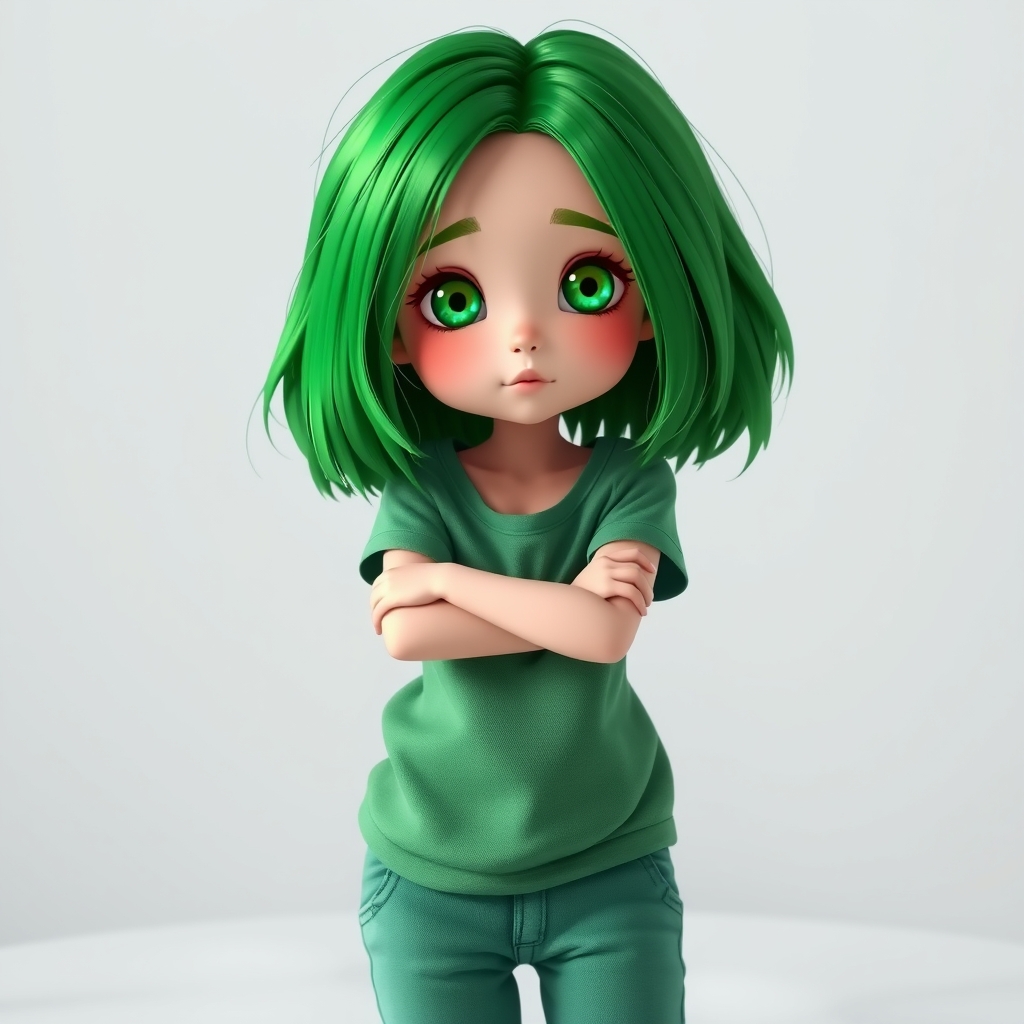 یک دختر با موهای سبز چشمان سبز با تیشرت سبز و شلوار سبز  در یک جای سفید14