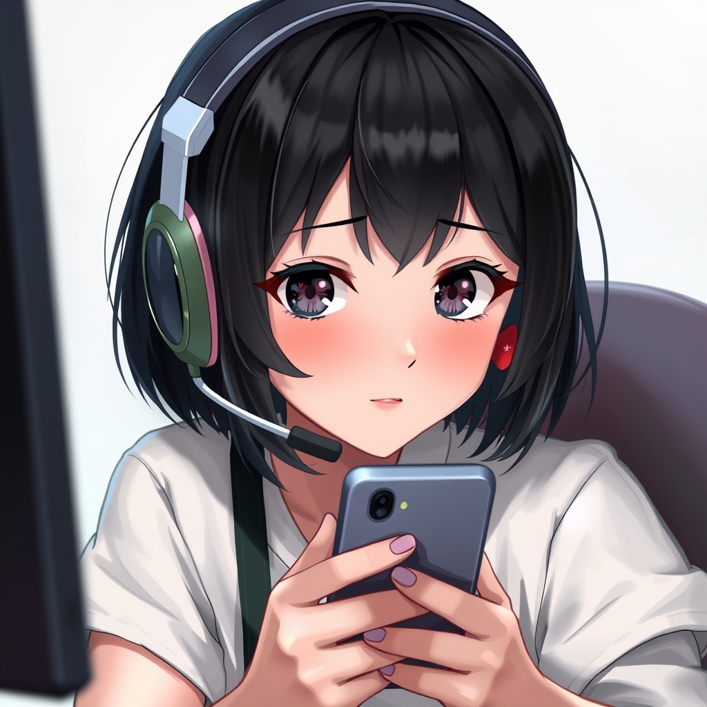 یه دختر گیمر و مهربان درحال کار با هدفون و گوشی مو کوتاه و چشم و موی مشکی در چشمانش کمی شیطنت1