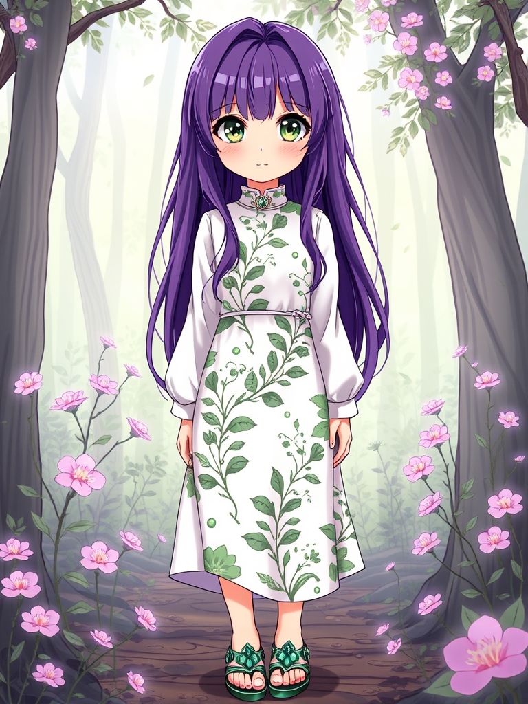 یک الف دختر که بال داره و موهای بلند و براق بنفش داره و چشم های سبز و براق داره و نوجوان است و پیراهنی زیبا از ابریشم داره که سفیده و روش طرح جادو و گیاه داره که سبز و بنفش رنگ داره و آستین بلند و باز داره و جادوی سبز داره و باعث رشد گل و گیاع ها می شه و کفش سبز رنگ از بلور داره با جزئیات ریز و زیاد و در جنگل که ۱۶ سالشه13