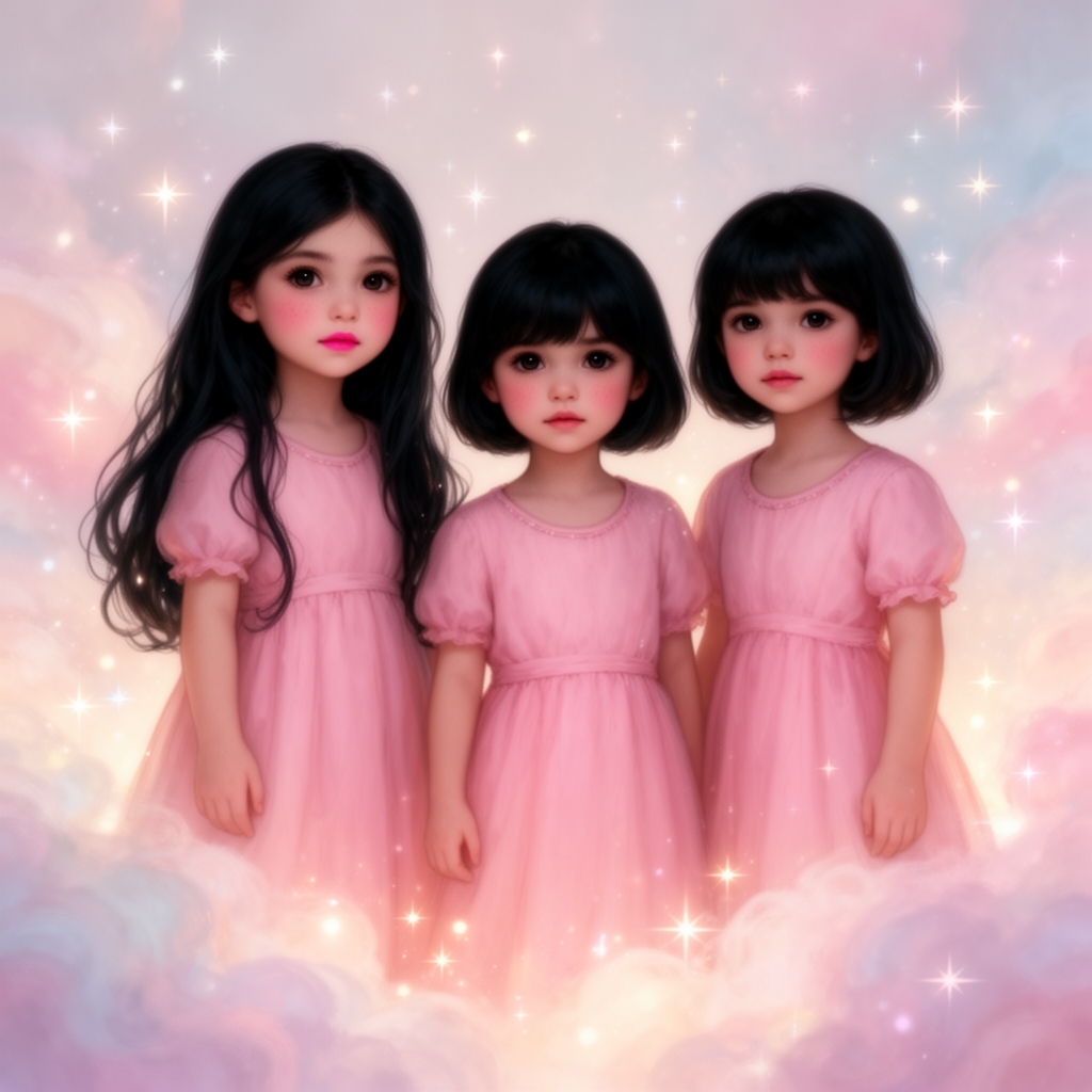 سه دختر با لباس صورتی به اسم بهار ⭐🩰که موهای بلند مشکی لب صورتی گونه های صورتی وچشمان مشکی دوم دختر به اسم آدرینا که موهای کوتاه مشکی چشم مشکی گونه های صورتی و سوم دختری به اسم سارینا با موهای کوتاه مشکی چشم مشکی گونه های صورتی 1