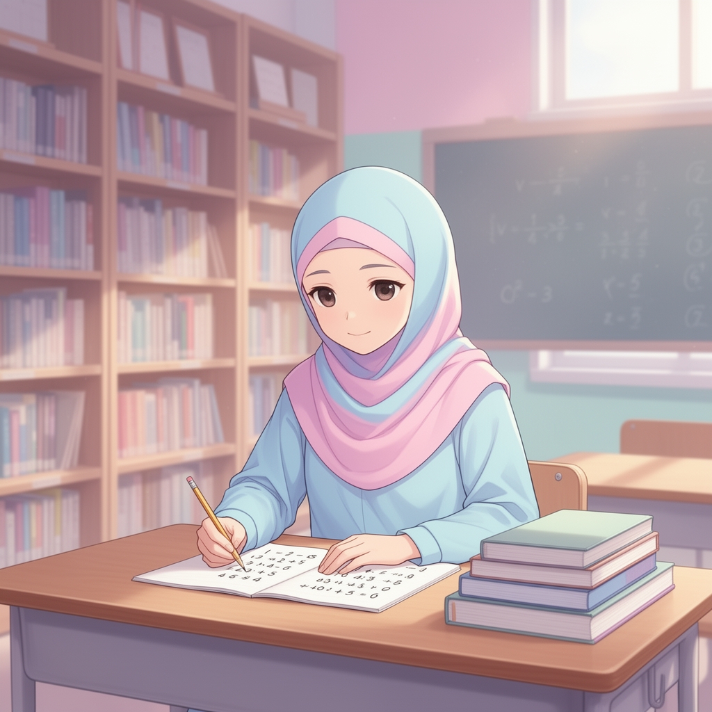 یک دختر باحجاب با لباس پاستیلی آبی آسمانی و صورتی که دارد ریاضی تمرین می کند و یک سمت میز کتاب ها هستند که مرتب چیده شدند و از پشت دخترک قفسه های پر از کتاب دیده می شود 


پس زمینه اتاق درس 

2