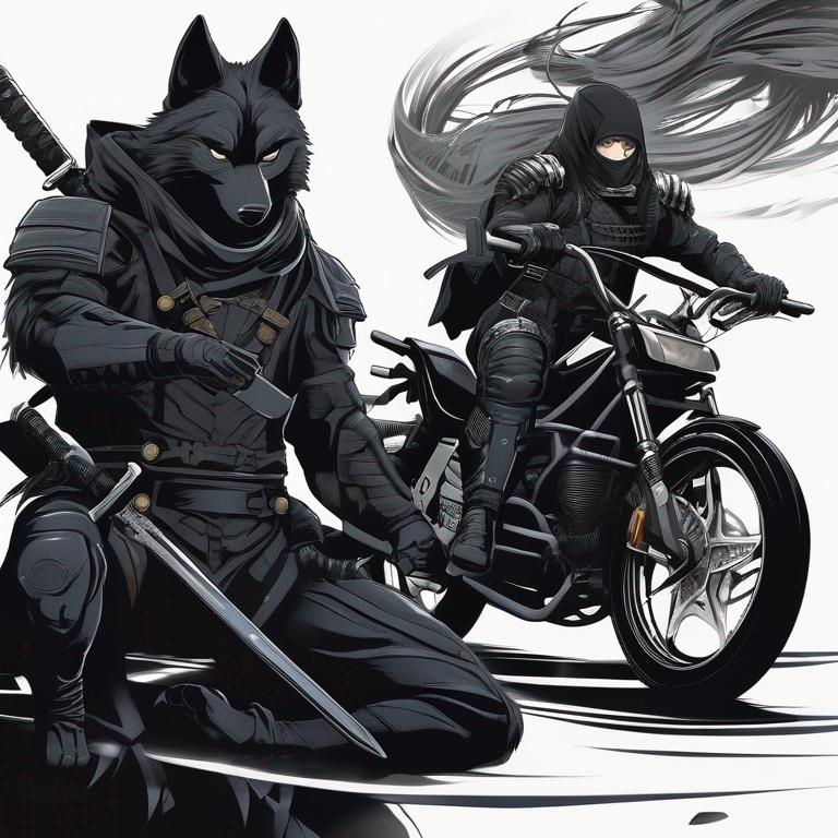 یک نینجای سیاه همراه با شمشیر و یک گرگ سیاه همراه با موتورش15