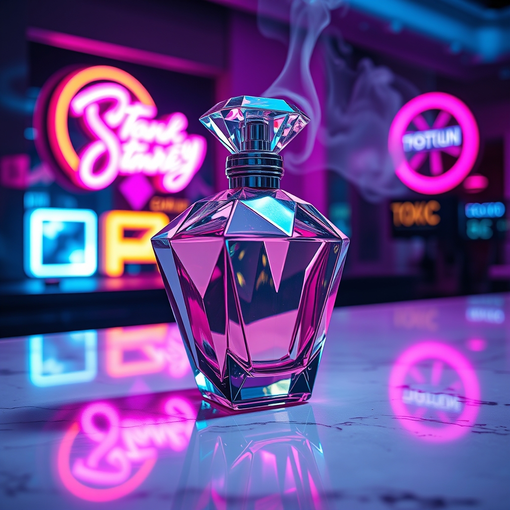 یک شیشه عطر لوکس به شکل الماس، قرارگرفته روی یک پیشخوان مرمر.11