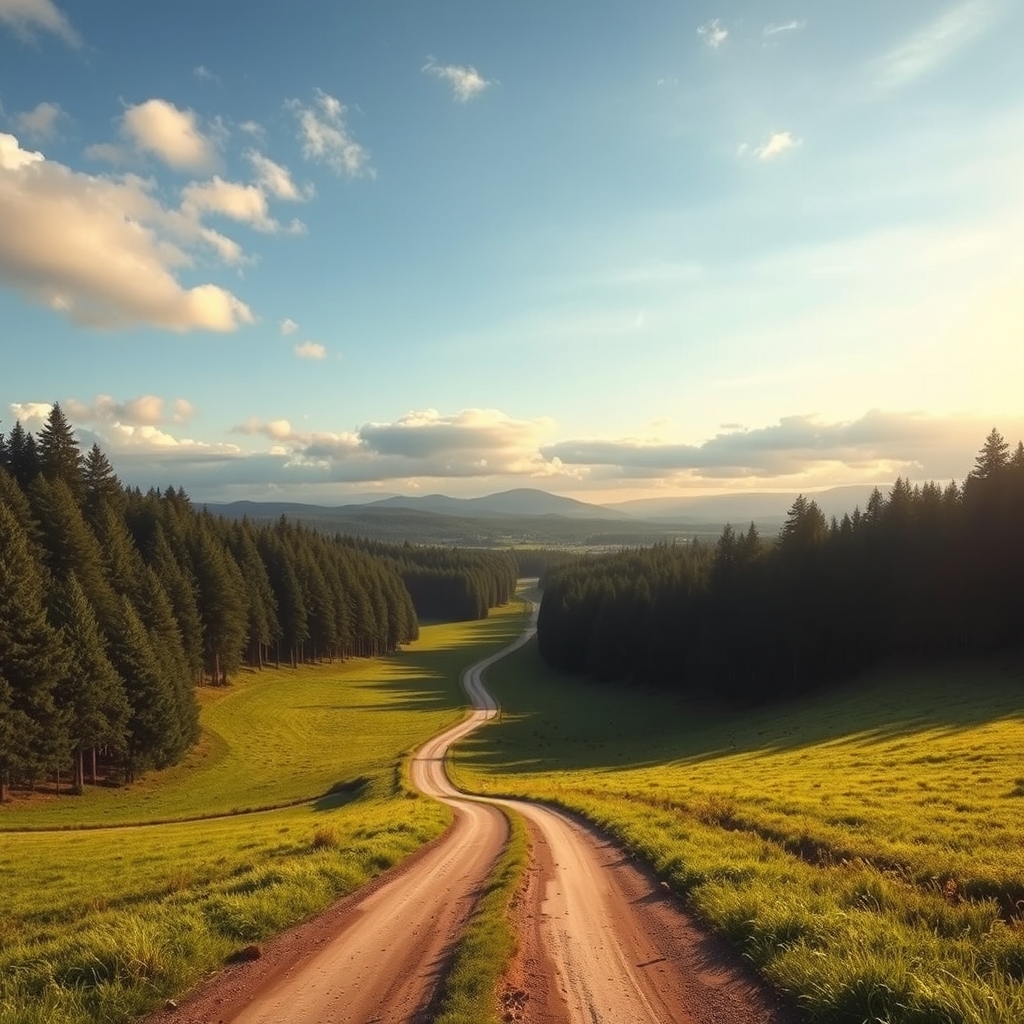 جاده زیبا وسط علفزار که دور تا دور آن را درختان زیادی فرا گرفته زیر آسمان آبی13