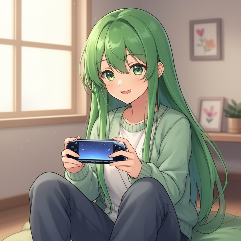 انیمه دختر زیبا با موهای بلند سبز و لباس راحتی در حال بازی با پی اس پی
4