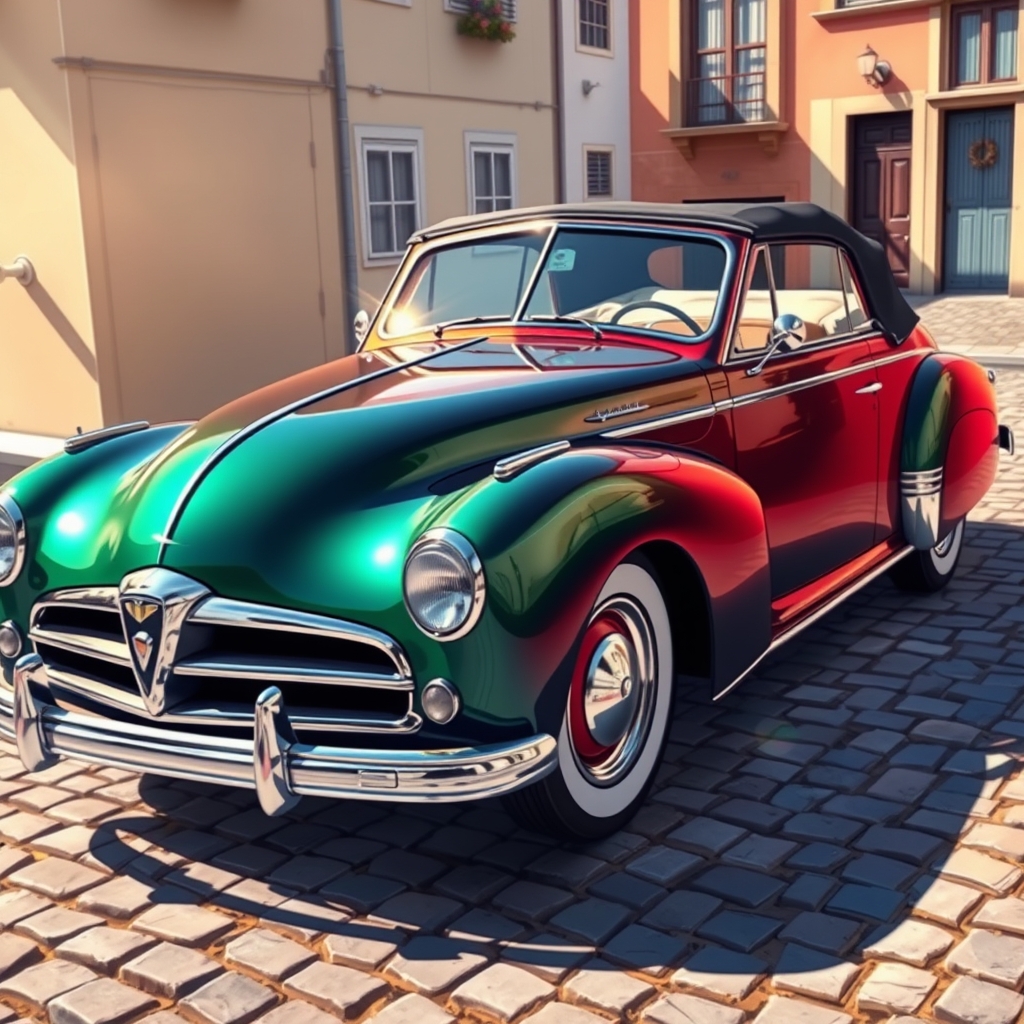 یک خودروی کلاسیک قدیمی با درخشش فلزی، پارک‌شده روی خیابانی سنگ‌فرش.1