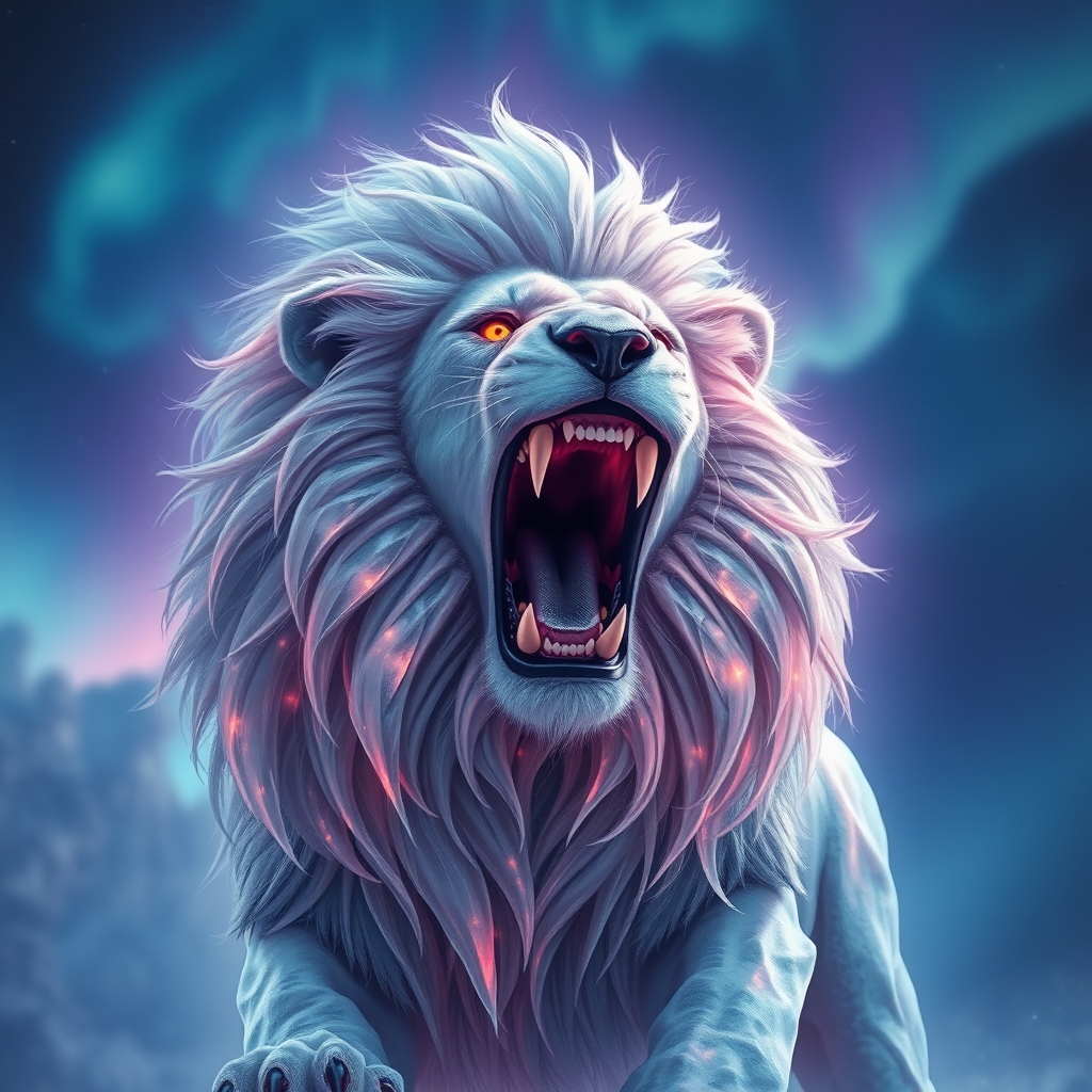 یک شیر قدرتمند با خز کریستالیشکل، غرشکنان زیر آسمانی روشن از شفق قطبی.8