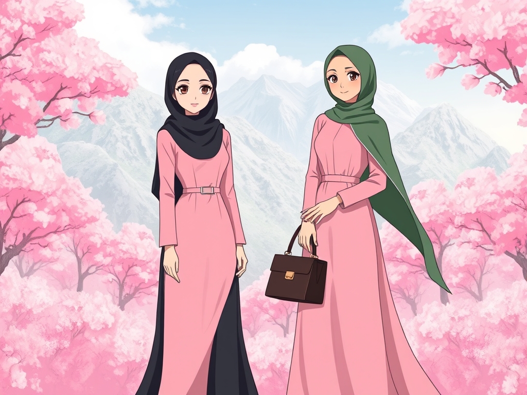 در یک کوهستان صورتی که همه درختان و گل های آن صورتی و پنبه ای است دو دوست زیبا  که هر دو لباس آستین لند صورتی به همراه دامن مشکی پوشیده اند آن دو دوست محجبه هستند یکی از دختر ها کیف مشکی به دست دارد قد بلند دارد و روسری مشکی پوشیده و چشم های قهوه ای روشن زیبا و پوست سفید و یک  دختر کیف قهوه‌ای به دست دارد و قد کوتاه دارد و چشم های مشکی دارد و پوست سفید و روسری سبز پوشیده0