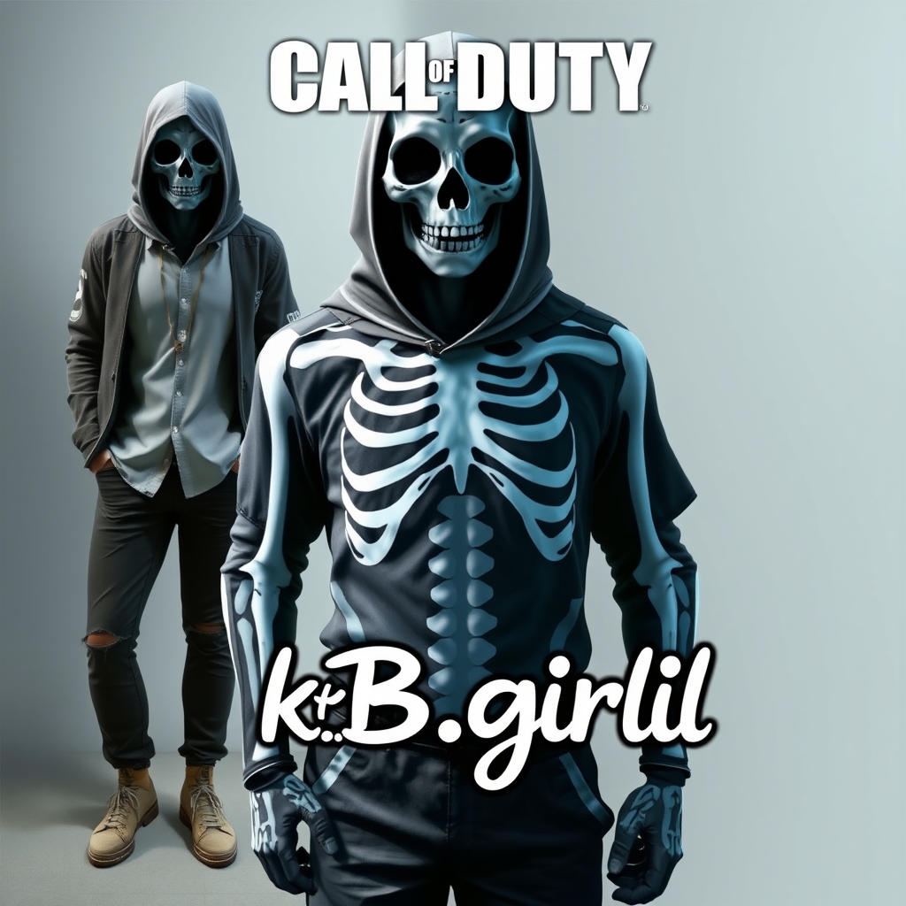 عکس یک اکانت کالاف لول ۱۵۰ و مشخصات اکانت با اسکین ghostو اسم kB.girlilپروفایل بساز و منظورم بازیcoll of duty mobile اما لطفا عکس اکانت باشه و اسمش یه جای ینوشته باشه kB.girillباشه و اسکین ghost باشه منظورم همون اسکین اسکلتی هست و مشخصاتی بهت گفتم به صورت کلاژ باشه اما اسکلتش بدنش پوشیده باشه و مثل روح نباشه12