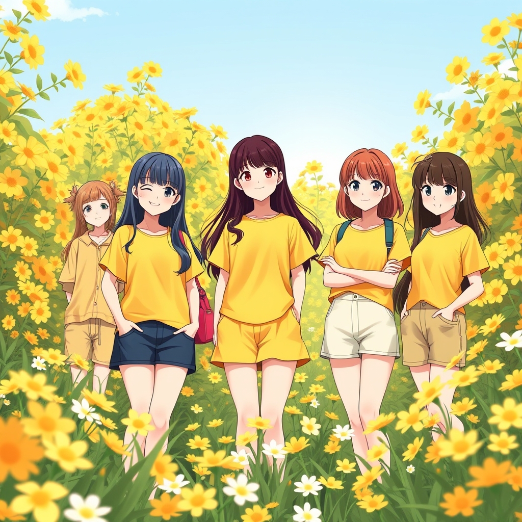  دخترانیمه ای با استایل زرد در یک باغ پر از گل های زرد و سفید2