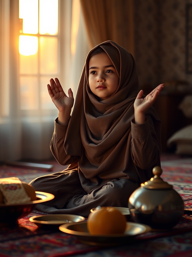دختر بچه 9 ساله که به سن تکلیف رسیده با حجاب کامل و چادر نمازی و در کنار سفره افطار روی سجاده نشسته قنوت گرفته و مشغول دعا است11