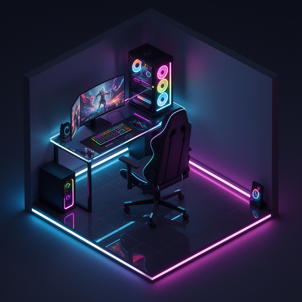 طراحی ایزومتریک سه بعدی از یک اتاق گیمینگ کوچک، کامپیوتر با نورپردازی RGB، صندلی راحت، جزئیات دقیق و رنگ‌های نئونی.2