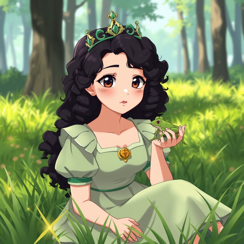دختر بیست ساله بالغ با موهای فرفری فرفری مشکی چشمای قهوهای سیاه پوسته دختره لباس پرنسسی سبز کمرنگ یه تاج سبز رو سرش یه قورباغه سبز تو دستشه که میبوستش توی جنگل نشسته توی چمنا18