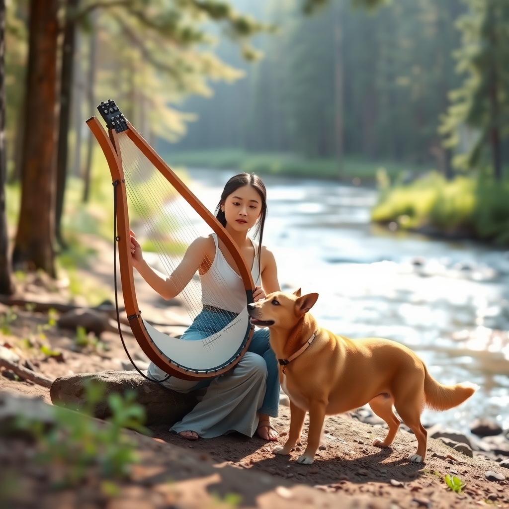 یک دختر که وسط جنگل کنار رودخانهای همراه سگش هنگ درام میزند12