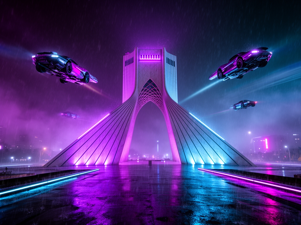 برج آزادی تهران در یک شب بارانی با سبک سایبرپانک، نورهای نئون بنفش و آبی، ماشین‌های پرنده در اطراف برج، کیفیت 8k.2