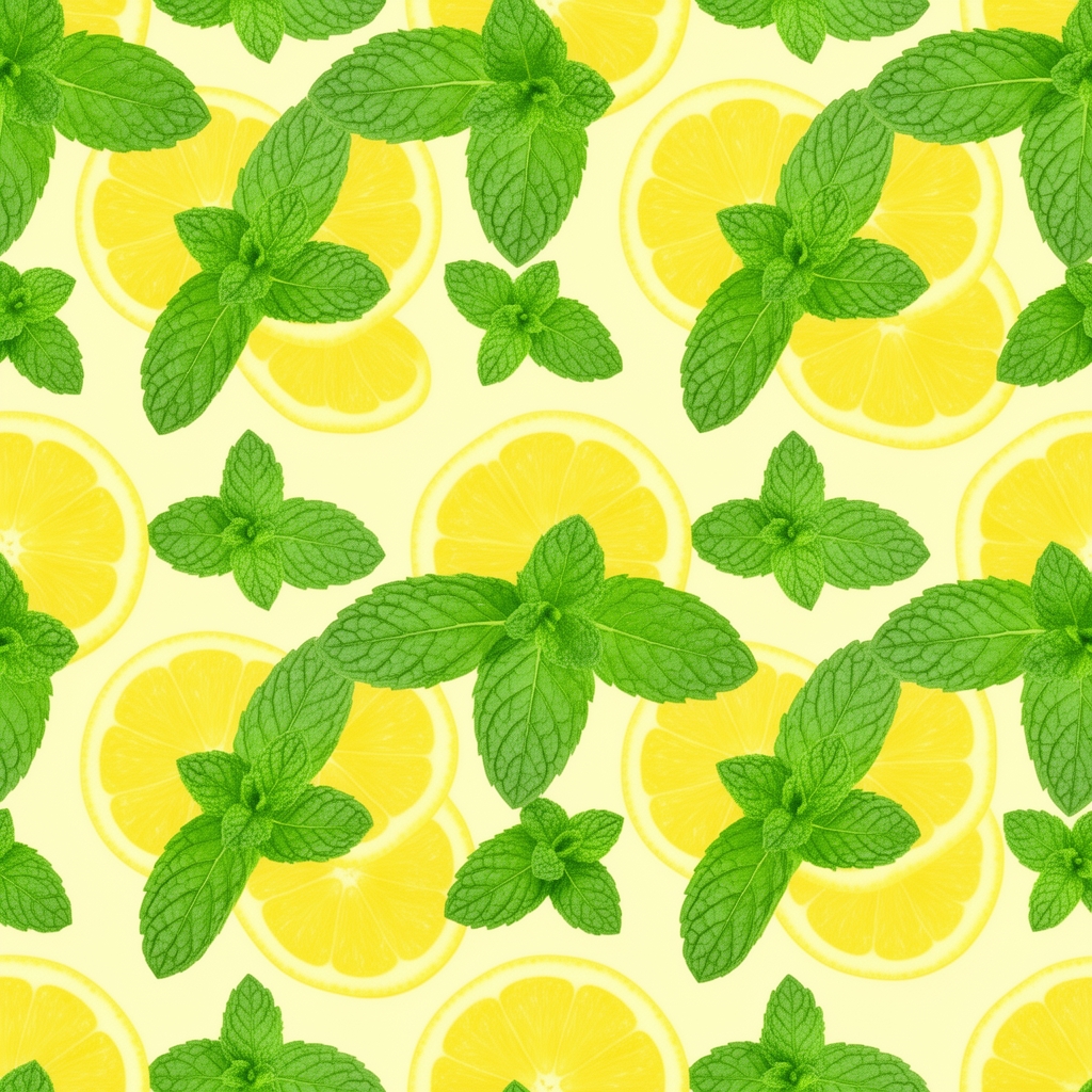 الگوی کاغذ دیواری بدون درز (Seamless pattern) شامل برش‌های لیمو و برگ‌های نعنا، طراحی گرافیکی تخت (Flat design)، رنگ‌های سبز و زرد شاد.0