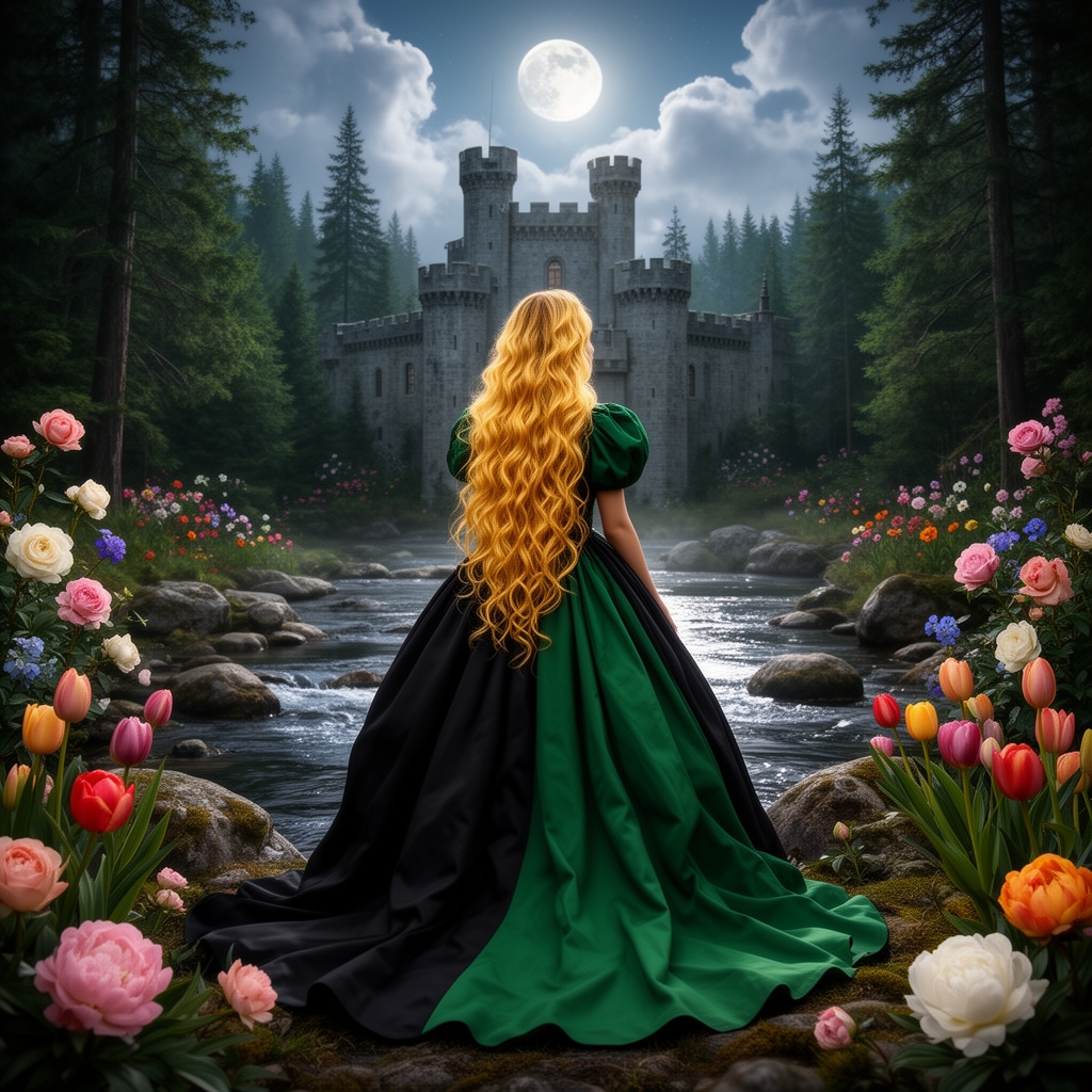 دختری۱۹ساله زیبا با لباس بلند خیلی پفدارسیاه وسبز 
موهای خیلی بلند حالت دار طلایی روشن در قصری جنگلی زیبا 🌳🌳🪴🌲🌹🥀🌸🌼🌷🌝☁🌊🌲🪨 0