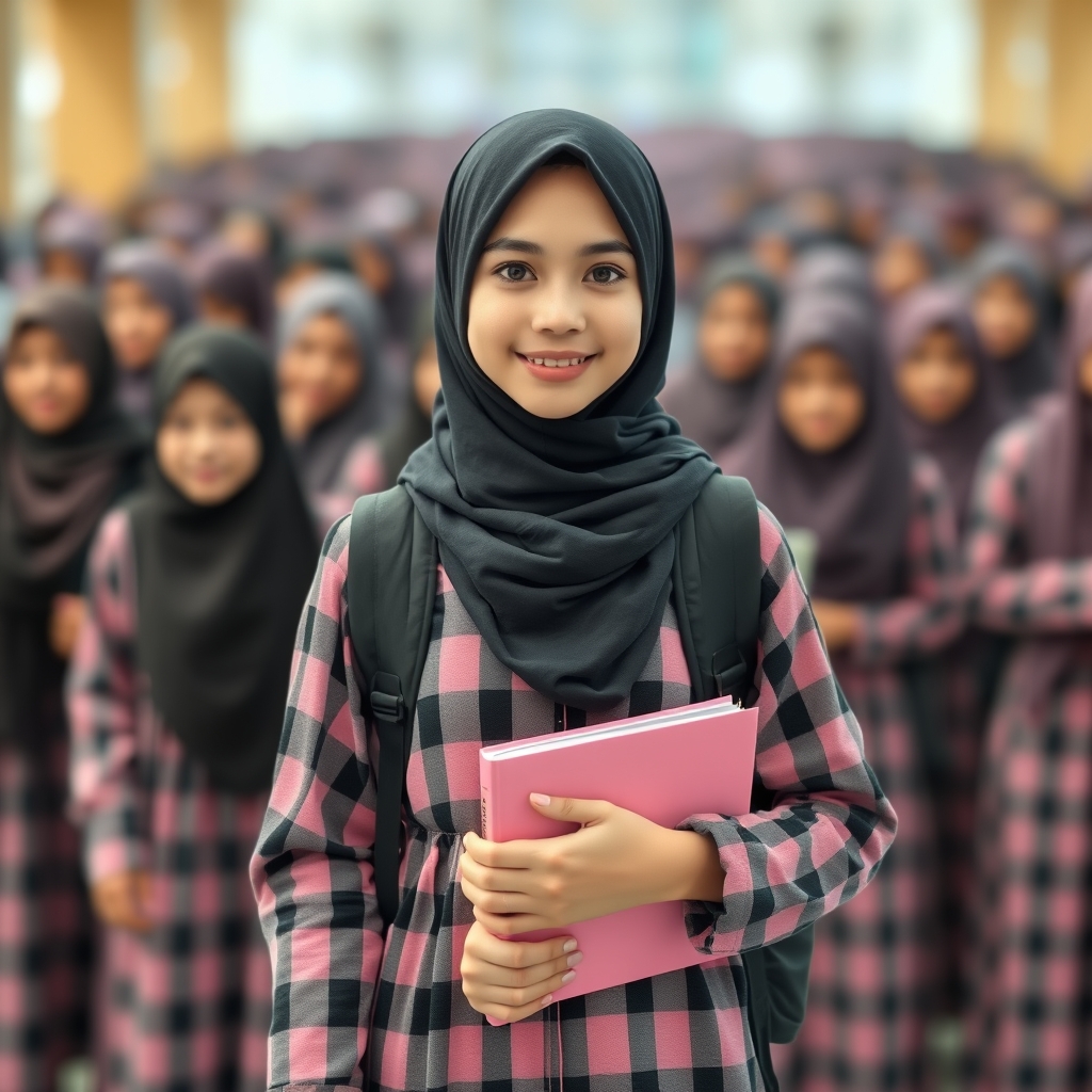 یک دختر نوجوان 15ساله با یک حجاب کامل و زیبا با لبخند زیبا و ملیح با پوست سفید و بینی عروسکی و لب نچرال و چشم های سیاه و ابرو های مشکی و پرپشت که لباس فرم مدرسه پوشیده است و رنگ مقنعه ی دختر، مشکی و لباسش چهارخونه که رنگ صورتی و مشکی و خاکستری است و روی شونه اش کوله ی مشکی است و در دستانش کلاسور صورتی دارد که روی آن نوشته است زینب 
و پشت سرش پر از دختران دیگری است که دانش اموز هستند و لباس فرم پوشیده اند و زمینه تار است7