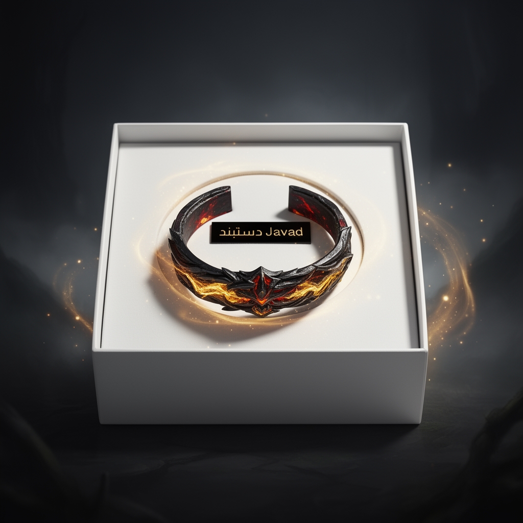 دست بندی با رنگ های مرموز سیاه . طلایی و قرمز ، در جعبه ای سفید که روی آن دستبند نوشته شده Javad5