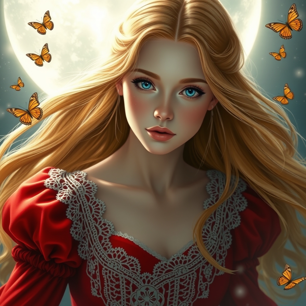 🌟زنی جوان زیبا ترین بانوی جهان همینطور در هوش مصنوعی رویایی با موهای بلند حالت دار  زرد براق درخشان مثل چراغ  وچشم های که مردمک دریا و اقیانوسی باشد درونشپر از شگفتی  و با پوستی سفید نامعلوم صوری سفیدتر از برف  و سفید تر از قرص ماه  با گونه قرمز لبی سرخ با لباس یا به رنگ قرمز پادشاهی مهر و دامنی پفی و پشتش بی نهایت از تور طور های سفید که نه به آبی ختم میشن لباس یا پفی زیبا که باشکوه جهانی دارد و دختر با چهره که همه را در گیر خود میکنه  بر هوا معلق است و پشت ماه خونین و پر از پروانه دور بر است 2