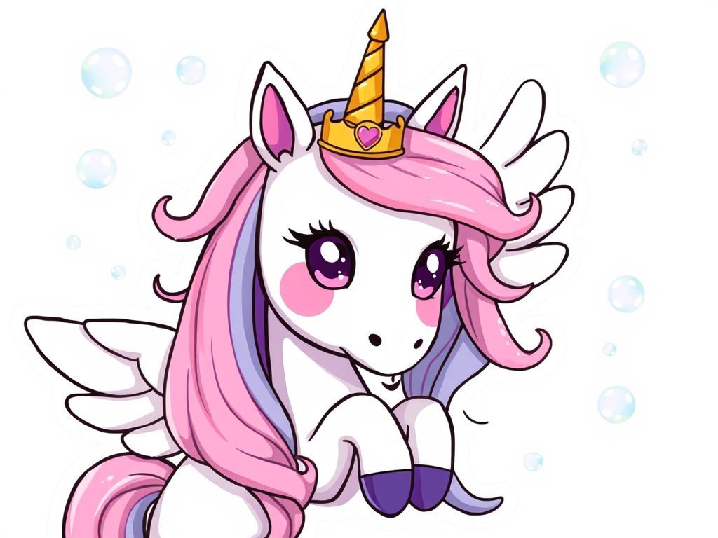 یک پونی تکشاخ بالدار سفید با موهای آبی صورتی و چشم های بنفش قلبی و ثم های طلایی و تاج طلایی روی سر که اطرافش پر از حباب است22