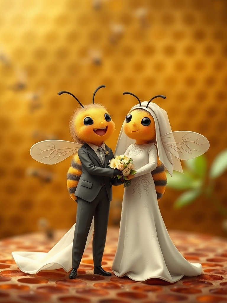 دو زنبور دارند با هم ازدواج می کنند
پشت زمینه هم کندوی عسل
زنبوز مرد لباس کت و شلوار پوشیده
زنبور زن هم لباس عروس پوشیده22