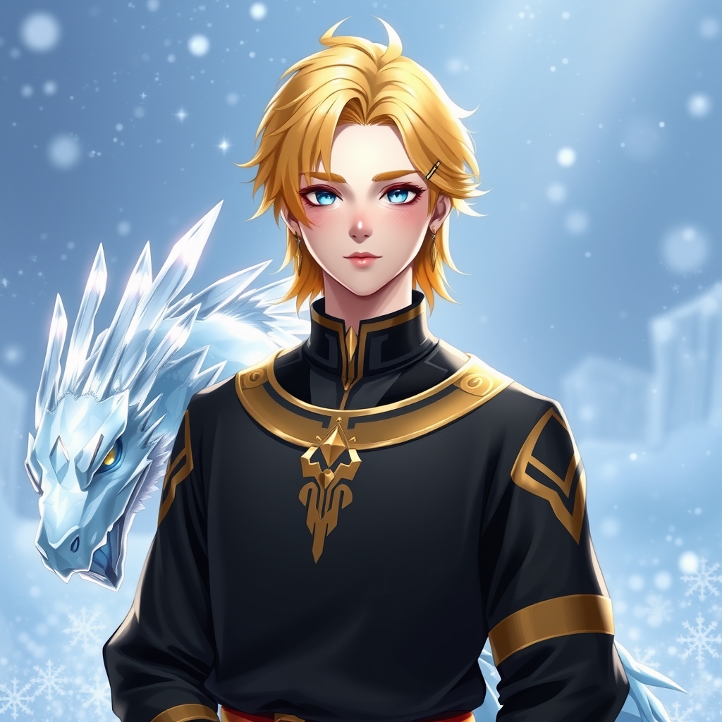 🌟مرد جوان زیبا ترین جهان همینطور در هوش مصنوعی رویایی که شکوه خدا را داشته باشد که نظیر آن در دنیا نباشد با موهای نچندان بلند و نچندان کوتاه زرد براق و باچشم های کریستالی که مردمک دریا باشد و با پوستی سفید همرنگ برف با گونه قرمز لبی سرخ با لباس سلطنتی مشکی طلایی اکلیری خیلی و با گوشواره و اژدهای بزرگ کریستالی در کنارش
زیبا 🧊 یخ❄برف🔮گویه برفی🪷شکوفه بزرگ🫧هاباب.بزرگ 3