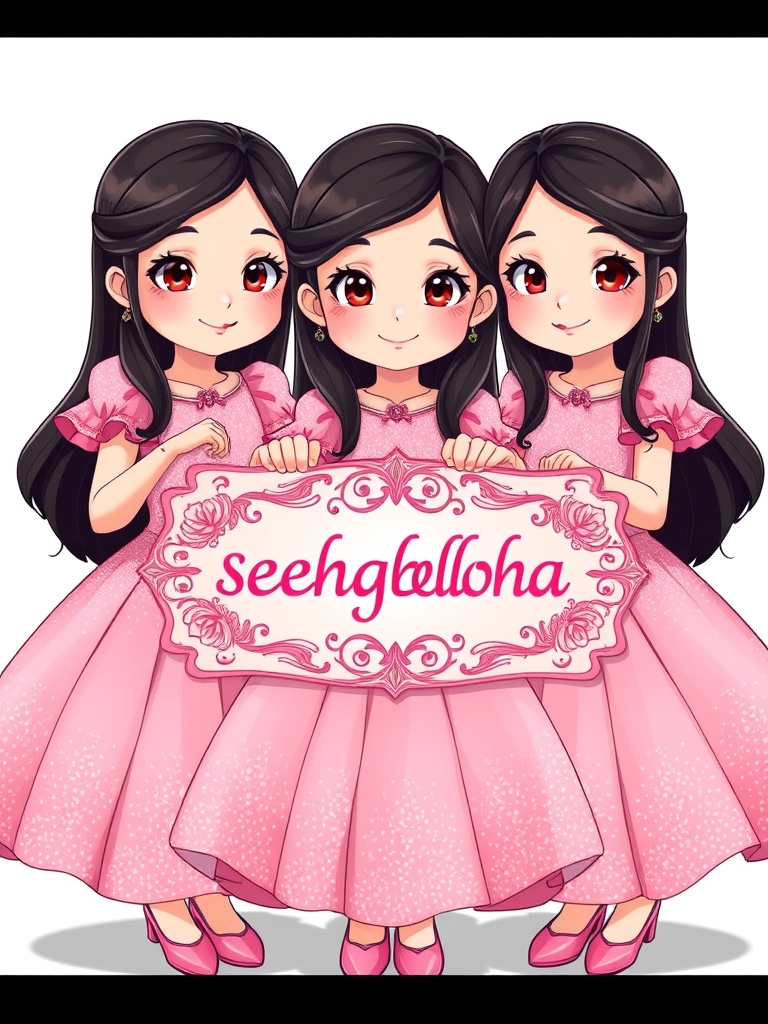 سه قلوها،زهرا،فاطمه،زینب سه خواهر سه قلو و شبیه هم هستند که دست هر سه تاشون یه تابلو بزرگ هست که با خطوط زیبا روش نوشته است sehgholoha و اطراف تابلو با گل تزئین شده باشد و هر سه تاشون موهای بلند و مشکی دارند و لباس هر سه تاشون صورتی و دامن دار و اکلیلی و براق مانند پرنسس ها است و لبخندی ملایم و لب های سرخ دارند و انیمه هستند و هر سه تاشون به دوربین نگاه می کنند20