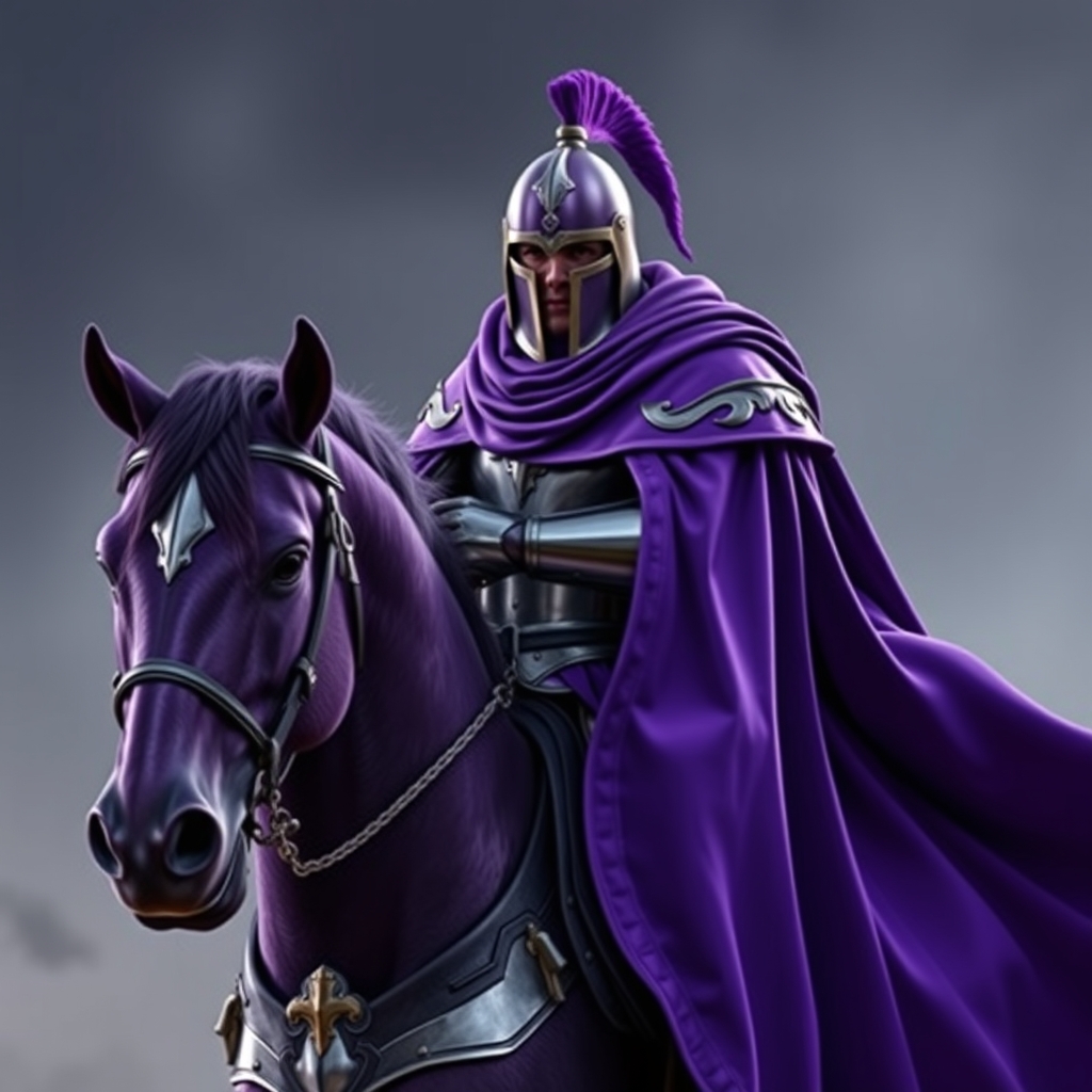 شمشیرزن زره بنفش شنل بنفش کلاه خود بنفش و اسب بنفش19