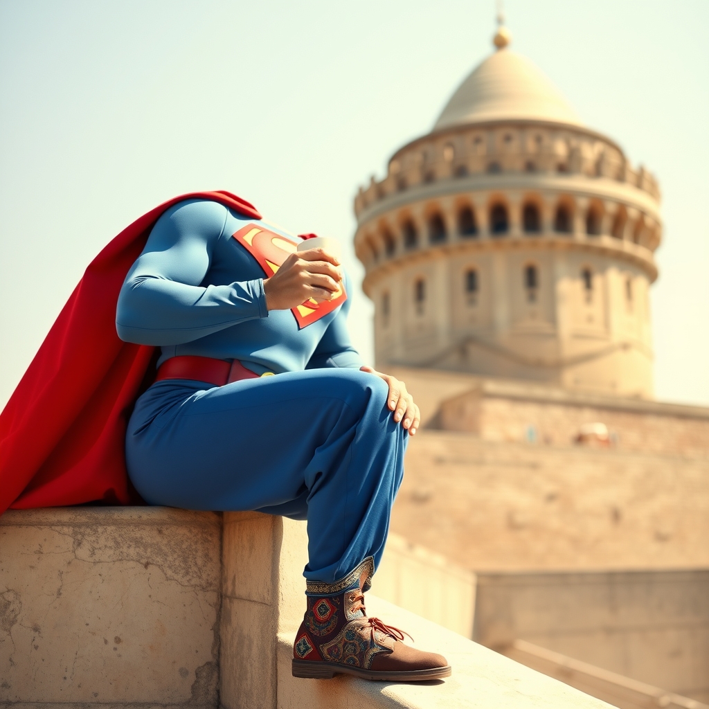 سوپرمن در حال چایی خوردن در کنار برج ازادی با شلوار کردی و گیوه 18