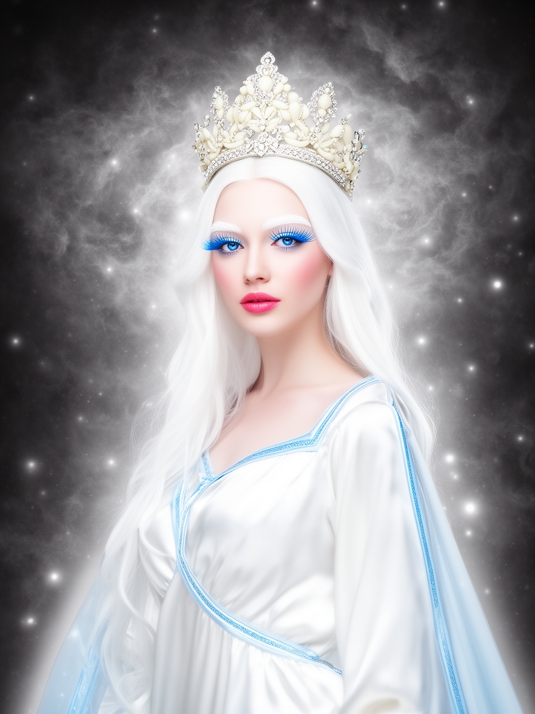 یه زن زال ۲۵ساله ی زیبای زال با پوست سفید موهای بلند سفید ابروهای سفید چشمهای زیبای ابی مژه های بلند آبی لبهای زیبای صورتی شاین یک تاج زیبا از عاج و الماس پیراهن بلند حریر به رنگ سفید با حاشیه های آبی یخی، در مکانی خاکستری تیره رنگ شاین و نورانی پر از غبار کهکشانی سیاه شاین مثل مه در فضا شناور است، اتمسفر اطراف زن مه الود با نقطه های درخشان در همه جا،فضا انتزاعی باشد 4
