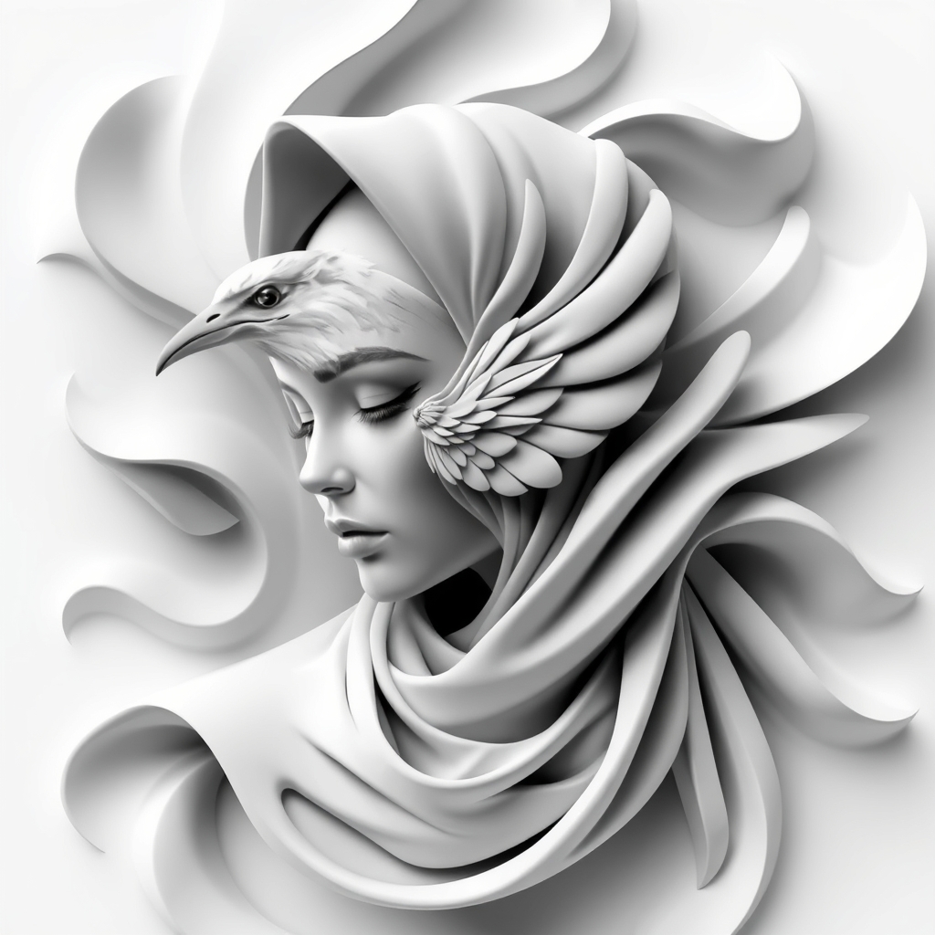 The image is a black and white abstract artwork featuring a woman with an eye and a bird, blending into each other in a swirling, flowing pattern.4