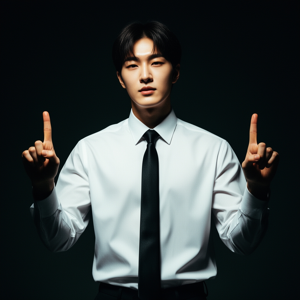 یه پسر کره ای خفن جذاب با پوست سفید با پیرهن سفید و کروات مشکی کره ای در پس زمینه ای تاریک در حال نشان دادن انگشت وسط با دو تا دست 5