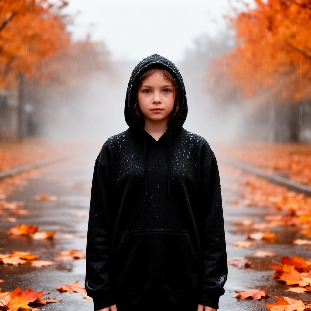 دختری با هودی مشکی زیر باران درهوای پاییزی3