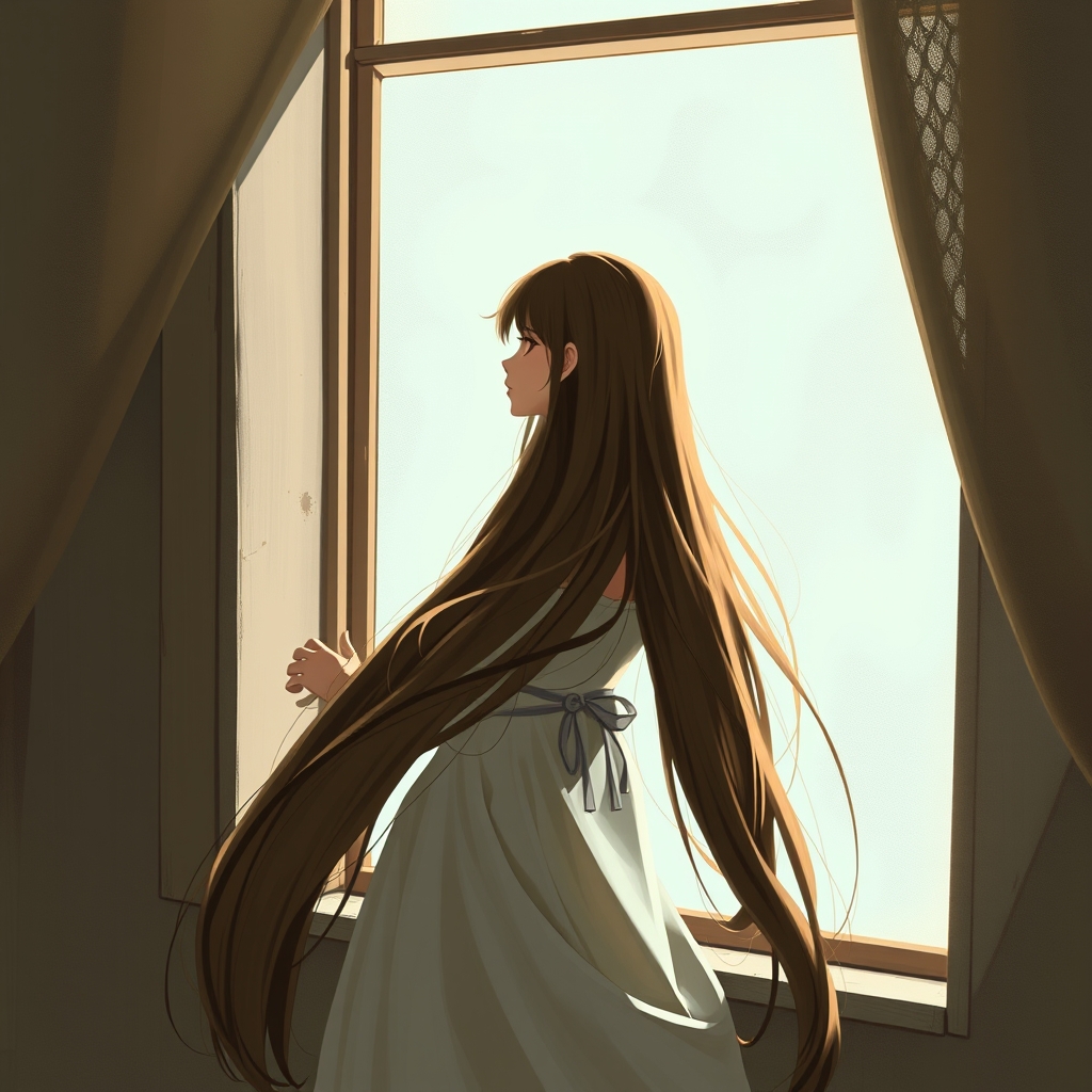 دختری با موهای بلند بلند تا زانوش که در پنجره داره به بیرون نگاه می‌کنه5