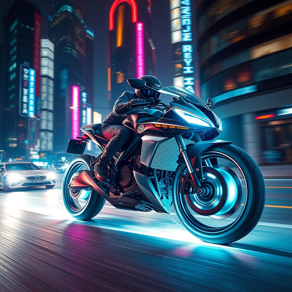 یک موتورسیکلت آیندهنگر با چرخهای هولوگرافیک، در حال حرکت با سرعت در شهری با نورهای نئون.4