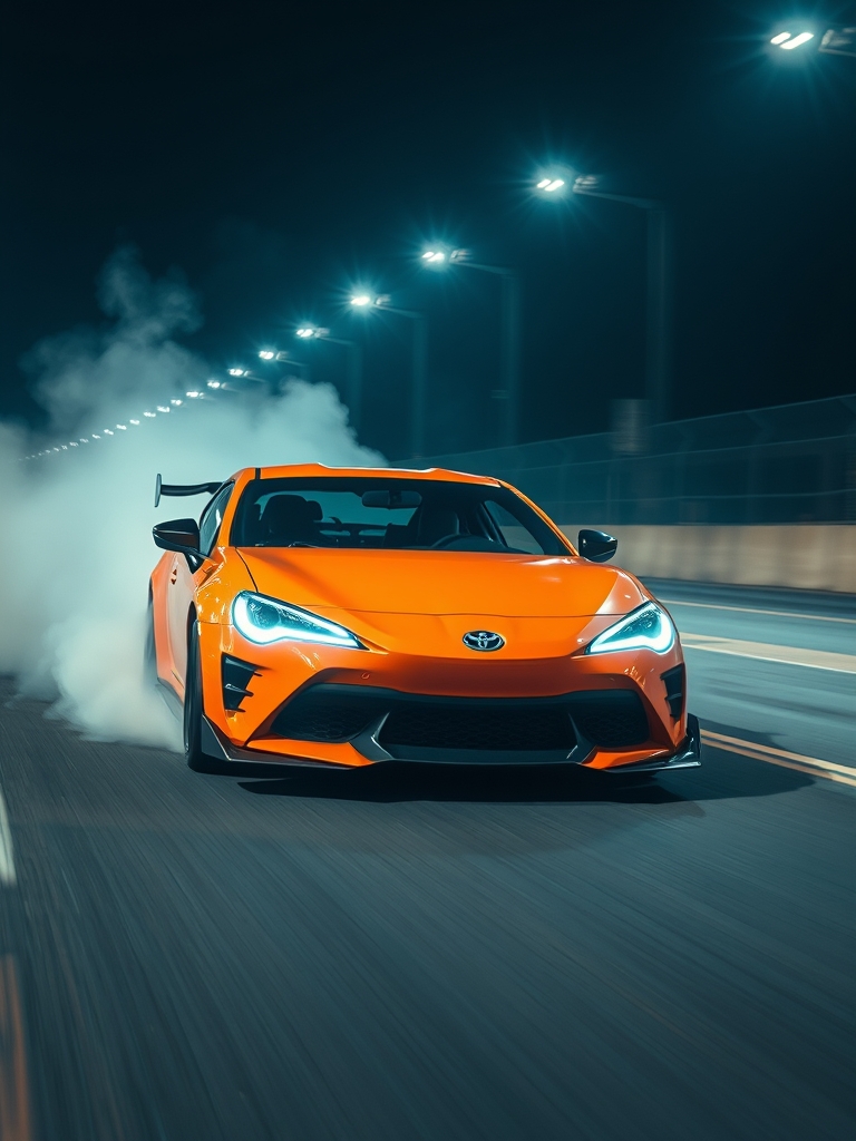 ماشینی از شرکت تویوتا با رنگ نارنجی فول اسپرت در شبی در پیست غیر قانونی در حال در حال حرکت با سرعت بسیار بالا و کمی خاکی ودودی2