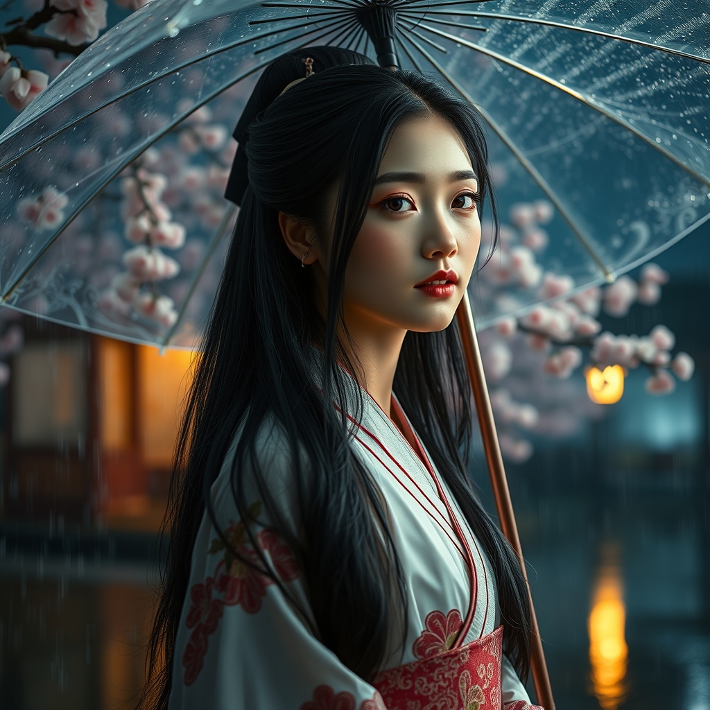 پرنسس ژاپنی 20 ساله خوشگل با زیر چتر شفاف آرایش و موی باز بلند مشکی و لباس ژاپنی در شب رویایی در قصر با شکوفه های هلو که باد میوزد و باران میبارد 🏰👘🌌🌉🏯🌊🌝🌦🌂4