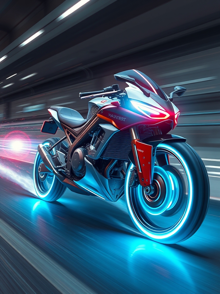 یک موتورسیکلت آیندهنگر با چرخهای هولوگرافیک، در حال حرکت با سرعتیک. برای پس زمینه موبایل 13