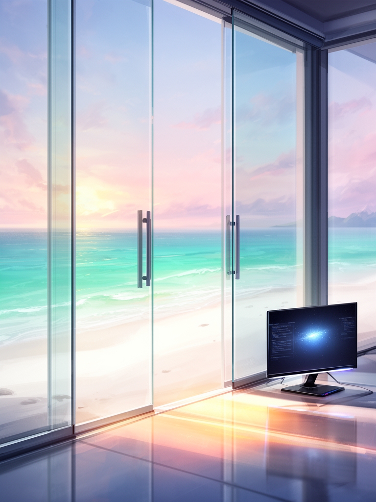 کامپیوتری که توی یه اتاقه در اتاق شیشه ای هست و ویو پشت در شیشه ای یه ساحل رویایی هست1