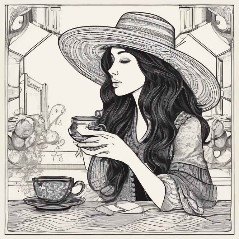 دختری با موهای بلند و کلاه ویک لیوان در دست و در حال نوشیدن چای
3