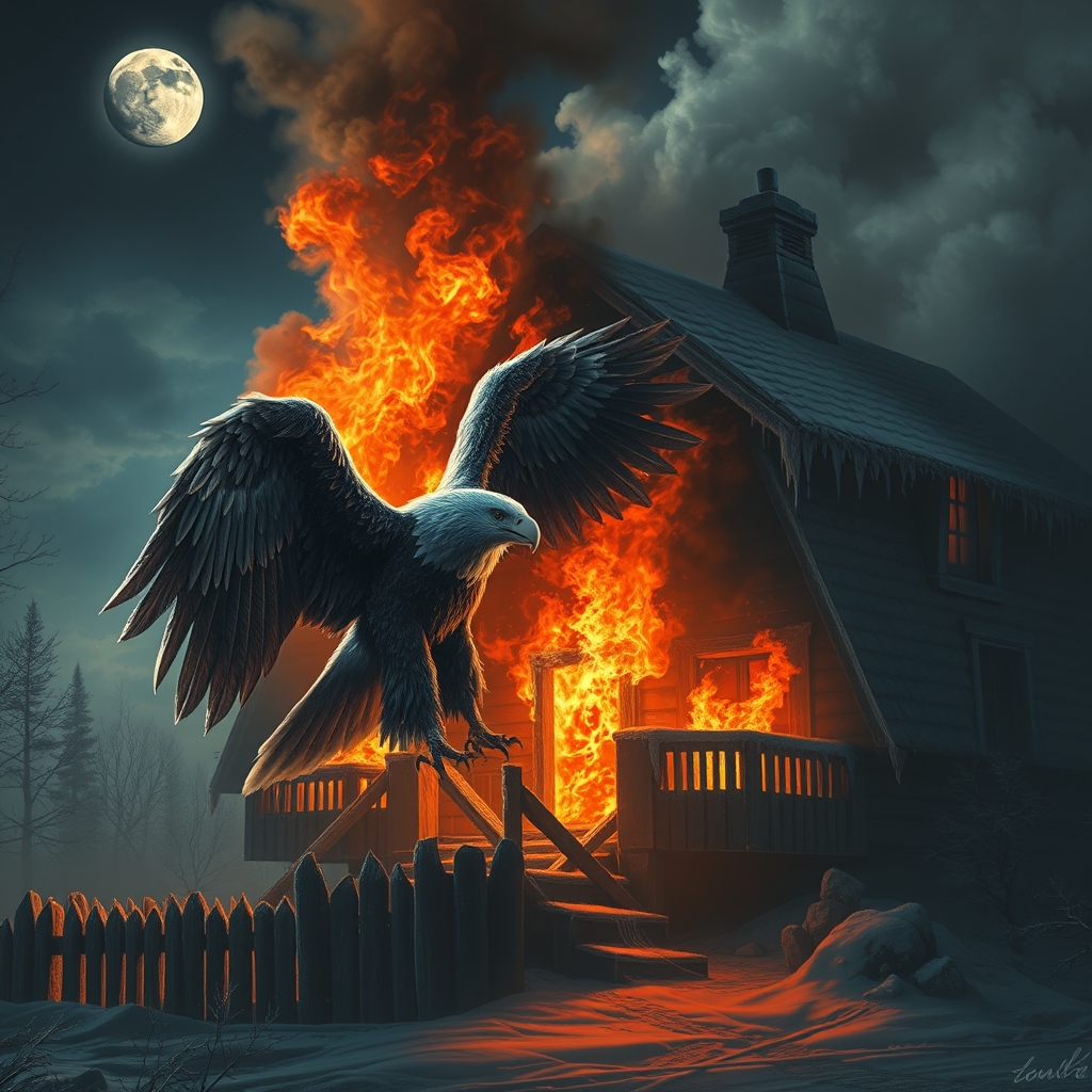 یک خانه در حال آتش گرفتن و یک عقاب یخی در حال خاموش کردن آن23