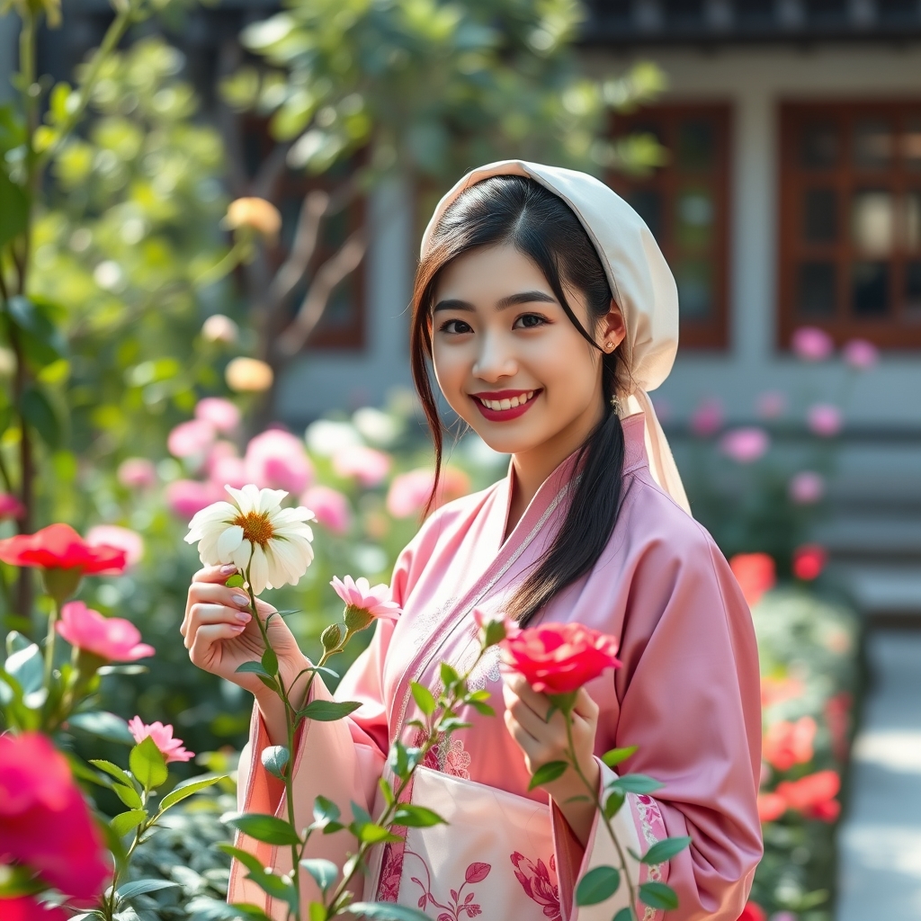 دختر جذاب او دل برو کره ای در باغ مدرن با لباسی ابریشمی گل میچیند20