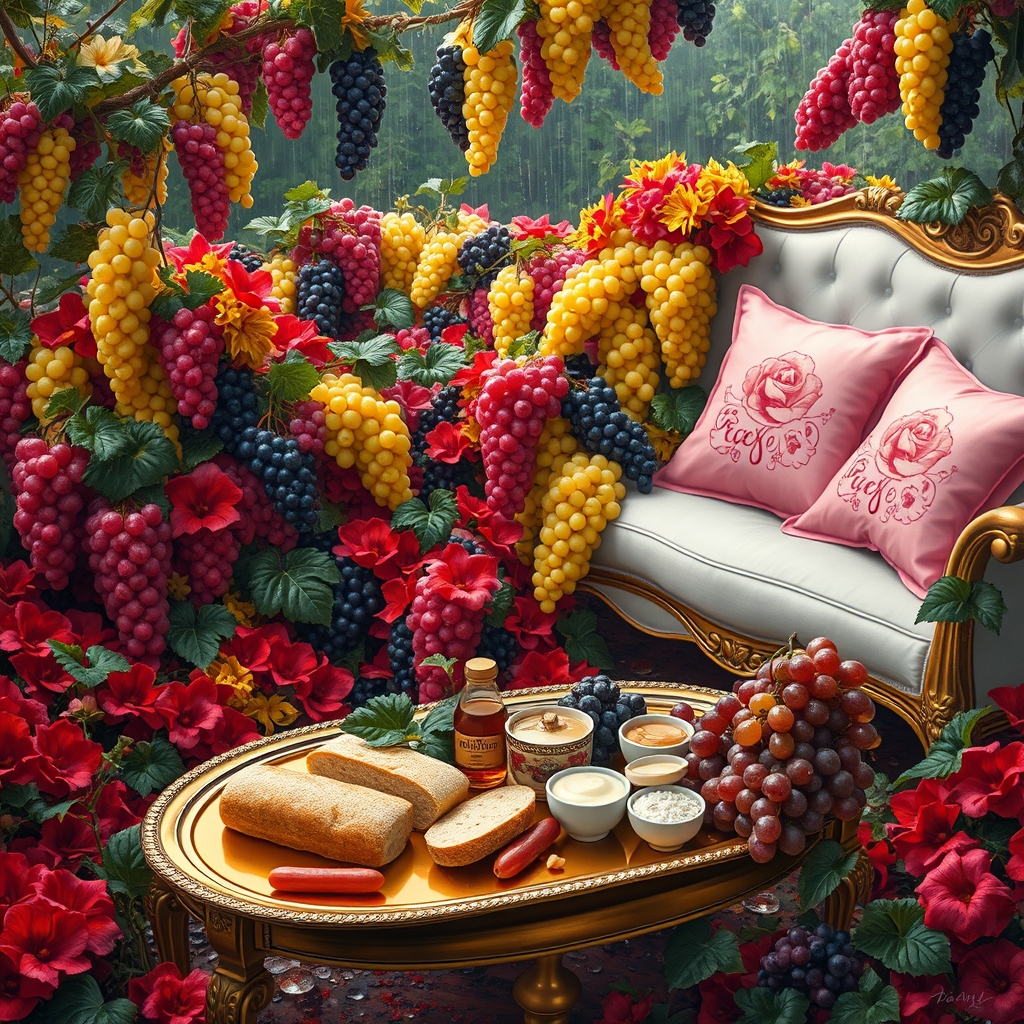 باغ بارانی پر خوشه های انگور در رنگ های سرخ زرد سفید سیاه زمین هم پر گل سرخ و خوشه انگور با یک میز طلایی و کاناپه سفید نرم با کوسن های صورتی تزیین شده با رز صورتی و سینی نقره پر نان کره خامه عسل میوه شیر شیر برنج 
شیره خرما و انگور16